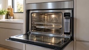 A built-in convection steam oven with its door open showing a clean stainless steel cavity and a water reservoir drawer