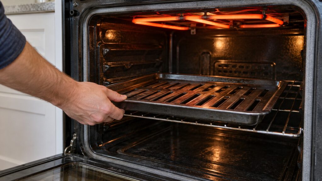 A hand sliding a slotted broil pan onto an oven rack with the broil element glowing red above