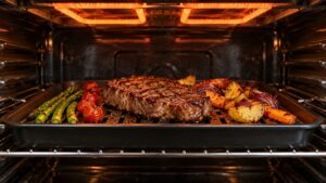 A steak and vegetables on a slotted broil pan inside an oven under a glowing overhead broil element
