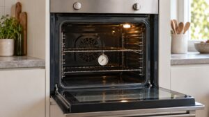 A built-in oven with its door open and a small oven thermometer hanging from the center rack