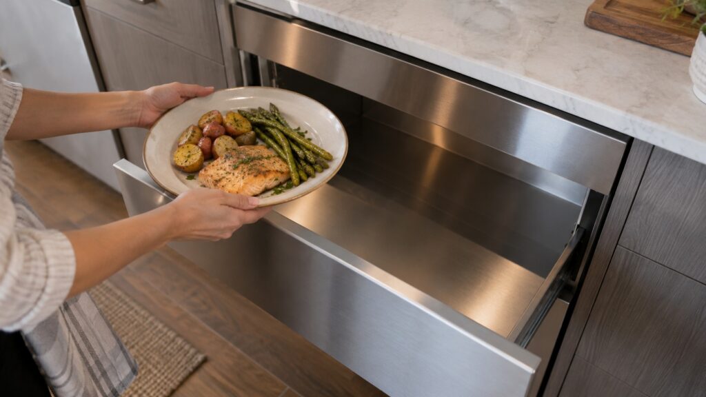 An open built-in drawer at counter height with a plate of food ready to be slid inside, seen from above
