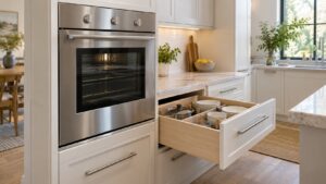 A stainless steel built-in oven stacked in a wall cabinet beside a pull-out drawer below a stone counter in a bright kitchen