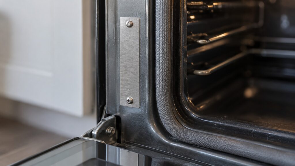 A close-up of a metal rating plate on the frame inside an open oven door, its printing too small to read