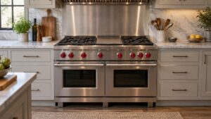 A wide stainless steel dual fuel range with red knobs and a griddle section, seen from the front in a professional-style kitchen