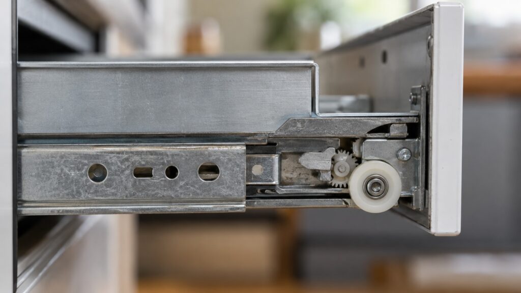 A close-up of a metal drawer track with a small roller and a gear mechanism, seen from the side in soft light