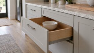 A built-in pull-out drawer partly open beneath a stone counter with a ceramic bowl inside, in a clean modern kitchen