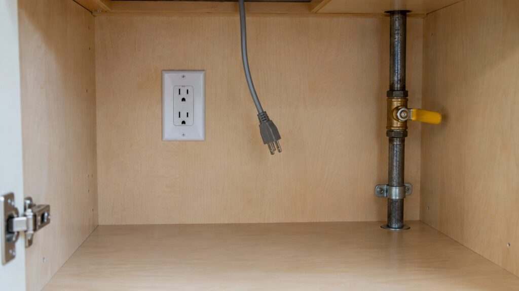 A grounded wall outlet inside an empty base cabinet, a flexible cord hanging nearby and well clear of a metal gas pipe