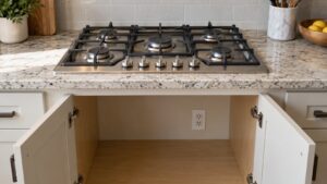 A stainless gas cooktop with sealed burners set into a stone counter, a cabinet door open below showing a wall outlet