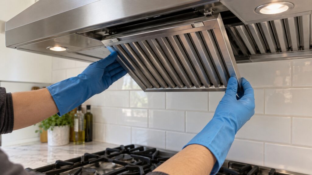 A pair of hands in rubber gloves lifting a metal baffle filter out of the underside of a range hood above a cooktop