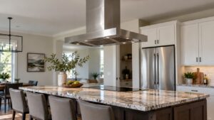 A stainless steel island range hood hanging from the ceiling above a kitchen island with a stone top in daylight