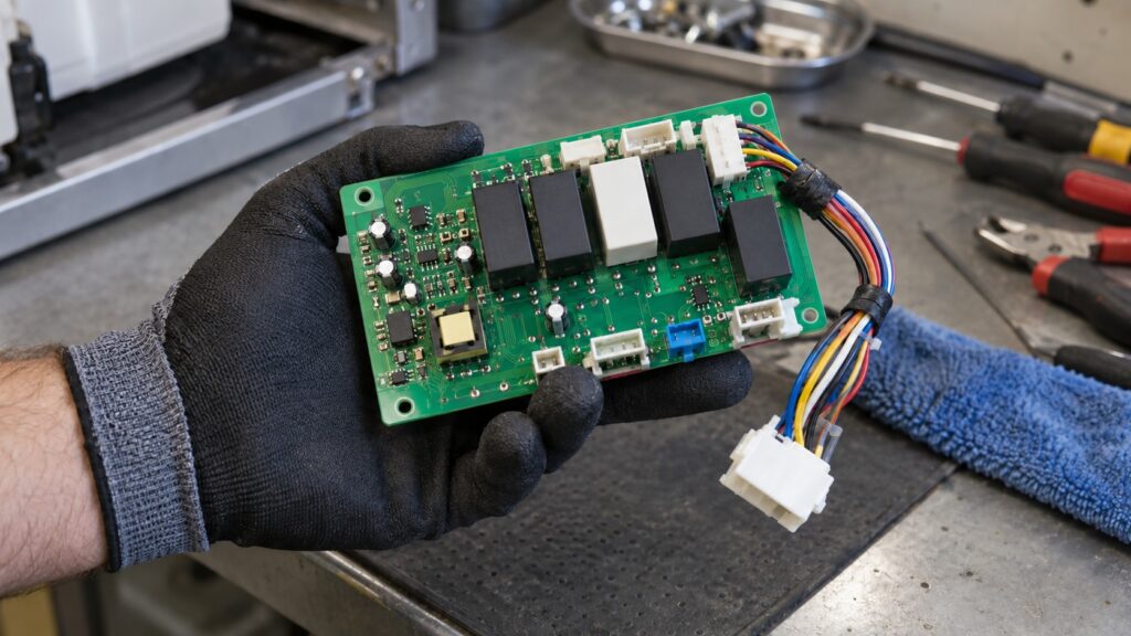 A green electronic circuit board with relays and a wiring harness held in a gloved hand over a workbench, shown without any readable markings