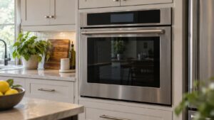 A stainless steel built-in wall oven with a dark glass door and a dim digital display in a modern kitchen