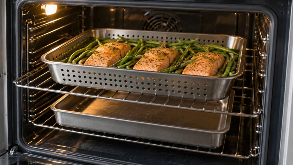 A perforated stainless steel pan of salmon fillets and green beans sitting on an oven rack above a solid pan