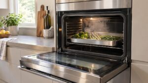 A stainless steel built-in steam oven with its door open and a gentle cloud of steam rising above a tray of green vegetables