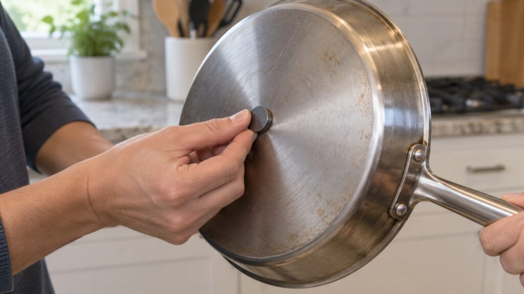A small round magnet held against the flat base of a steel pan to test whether the pan is magnetic