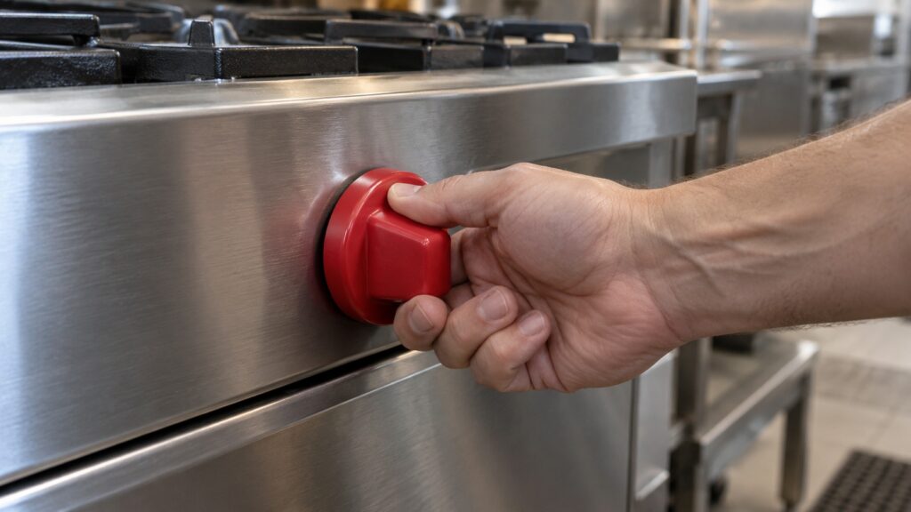 A hand turning a large red burner knob on a professional range, with no markings or text visible