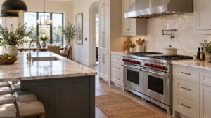 A professional Wolf range with red knobs standing in a spacious kitchen with an island