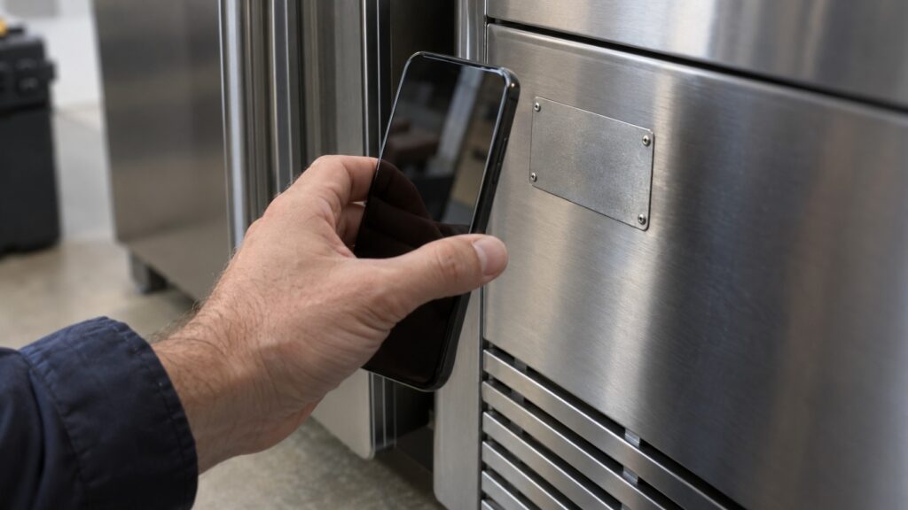A hand holding a phone close to a small metal rating plate on a stainless steel surface, its printing too small to read
