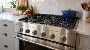 A professional Wolf gas range with six burners in a home kitchen