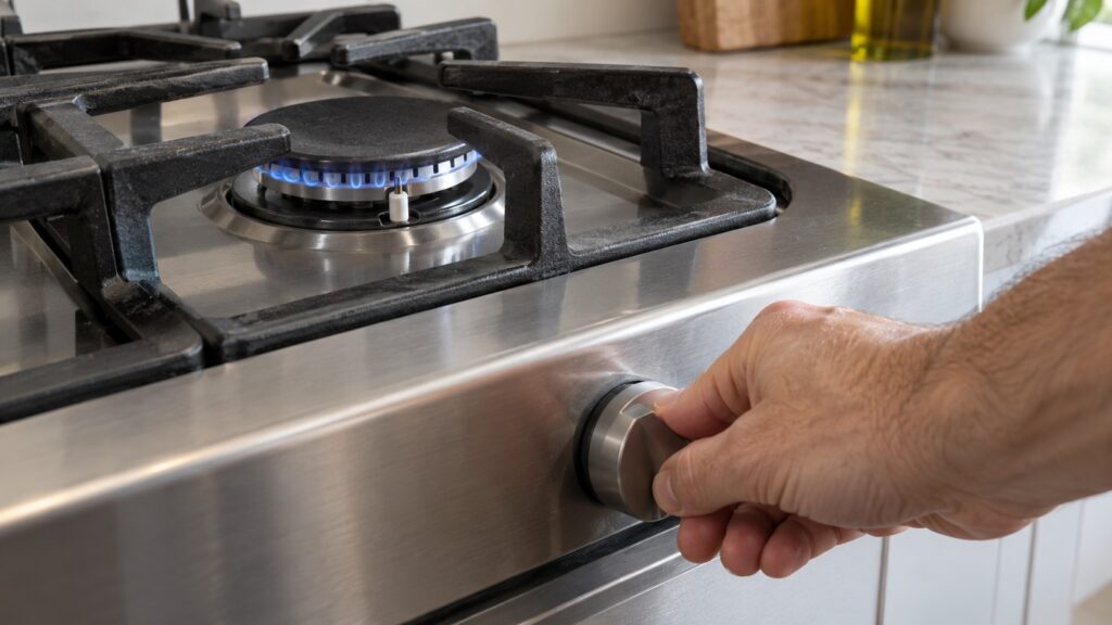 A hand turning a gas range burner knob, with the spark igniter visible at the base of the burner