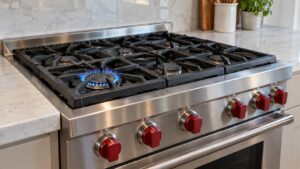 A Wolf gas range with red knobs and one burner lit with a steady blue flame