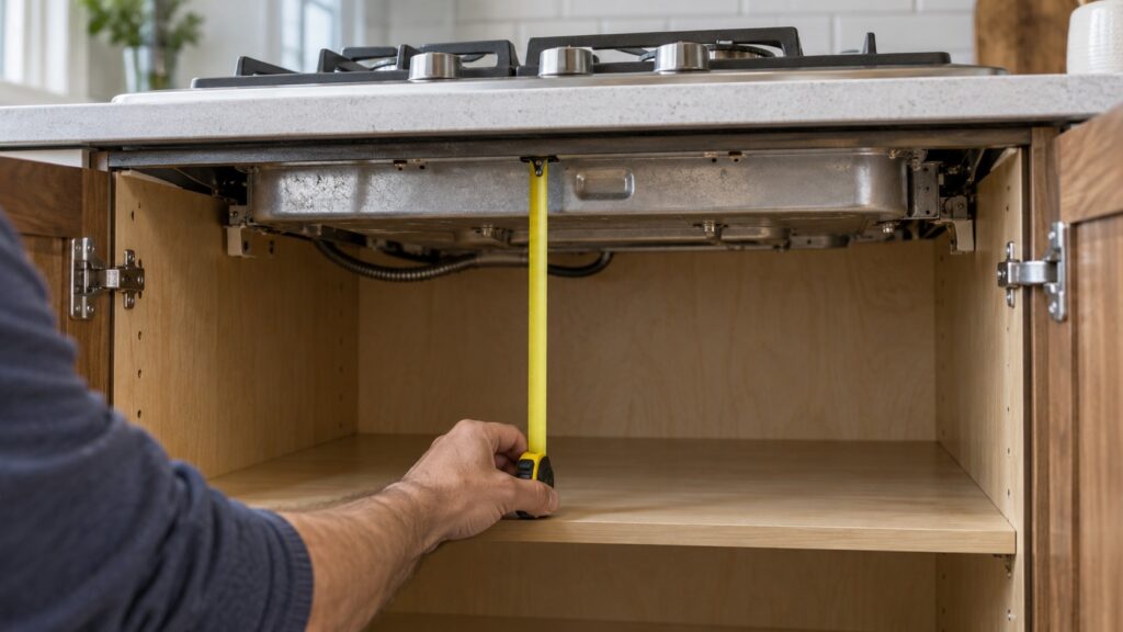 A hand holding a tape measure from the underside of a cooktop to the shelf in the cabinet below, no numbers readable