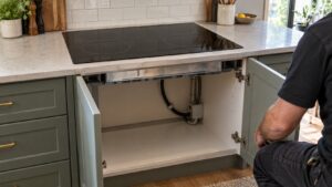 A Wolf induction cooktop set into a kitchen countertop with an open cabinet below it