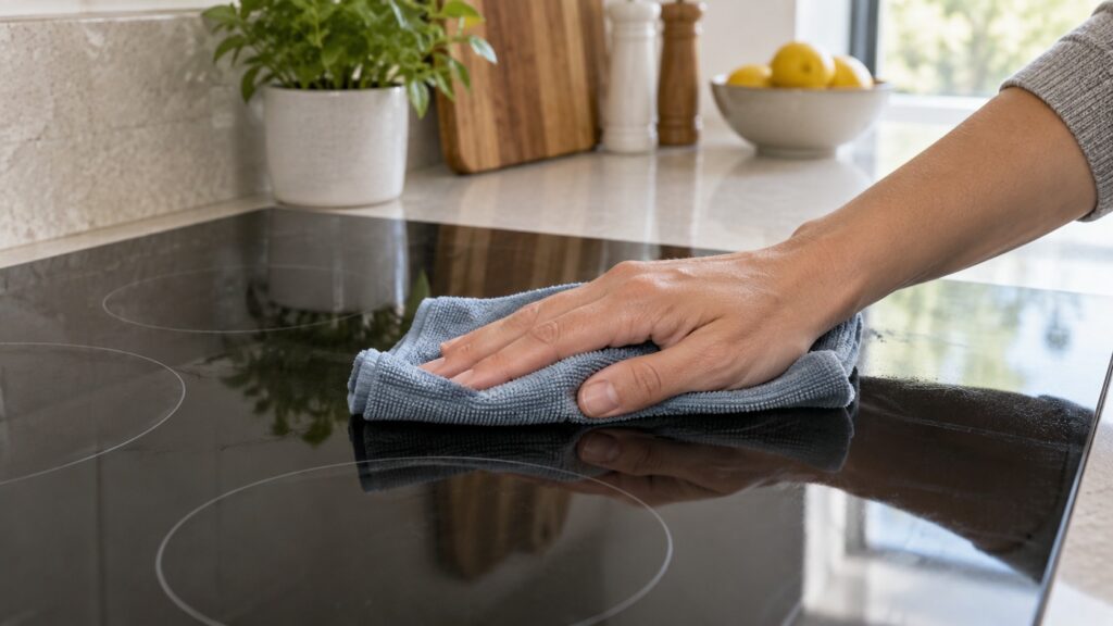 A hand wiping a cooled glass cooktop with a soft cloth