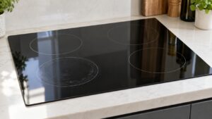 A black glass Wolf induction cooktop with faint pan marks on the glass