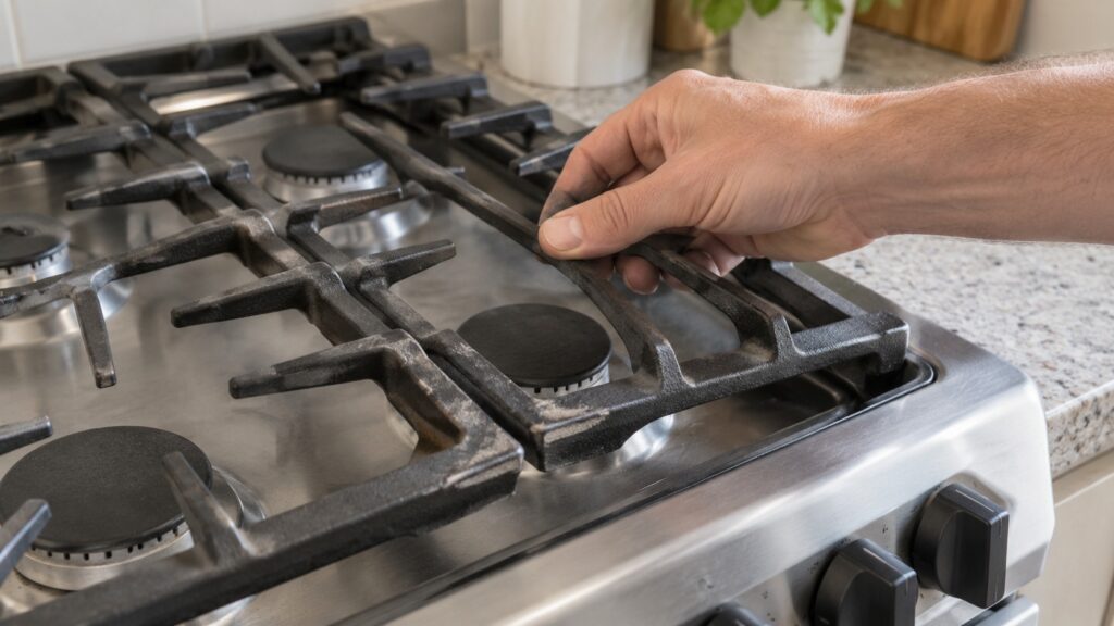 A hand checking a cast burner grate on a gas range, its finish worn in places