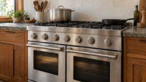 A professional Wolf range in a family kitchen showing visible signs of many years of cooking
