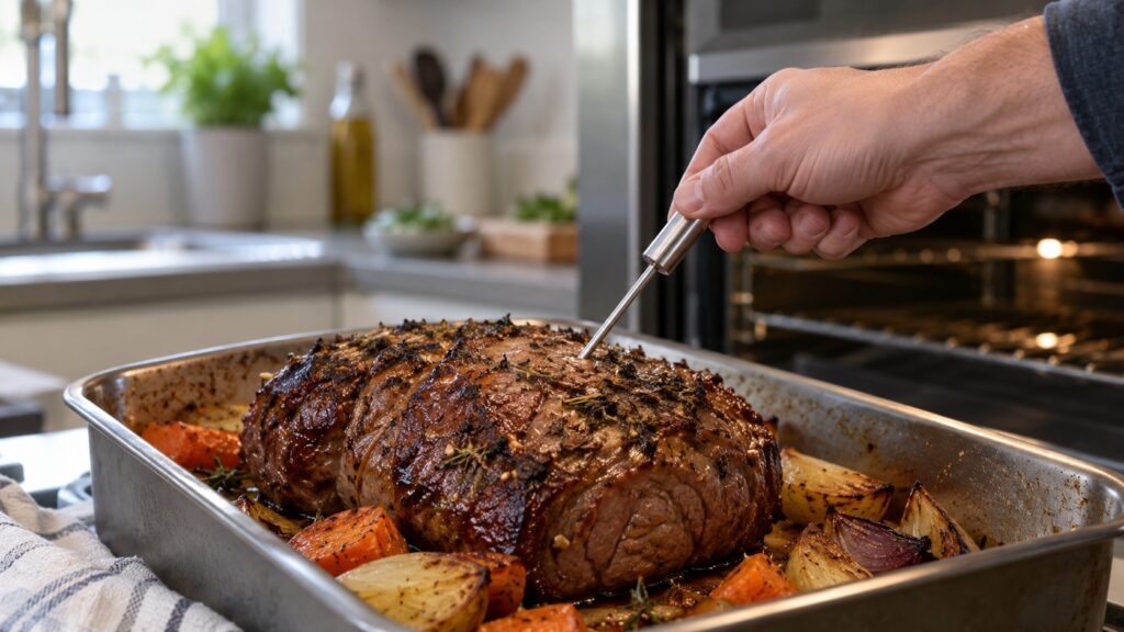 A hand pushing a metal probe into the thickest part of a roast on a baking tray