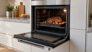 A built-in Wolf oven with the door open and a roast on a baking tray inside