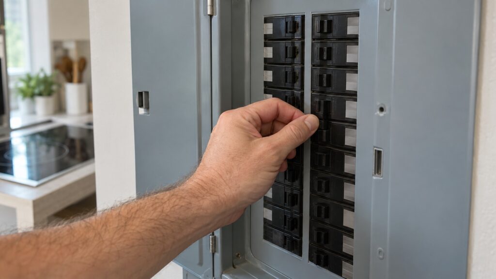 A hand at a household breaker panel with a cooktop breaker switch in the off position, labels too small to read