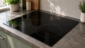 A dark Wolf electric cooktop panel with no lights on a kitchen countertop